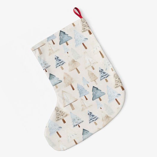 Whimsical Zilver Blauw Cream Kerstbomen Grote Kerstsok (Achterkant (Hangend))