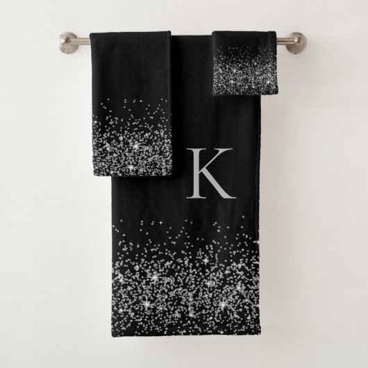 Whimsical zilveren glitter op zwart monogram bad handdoek (Insitu)
