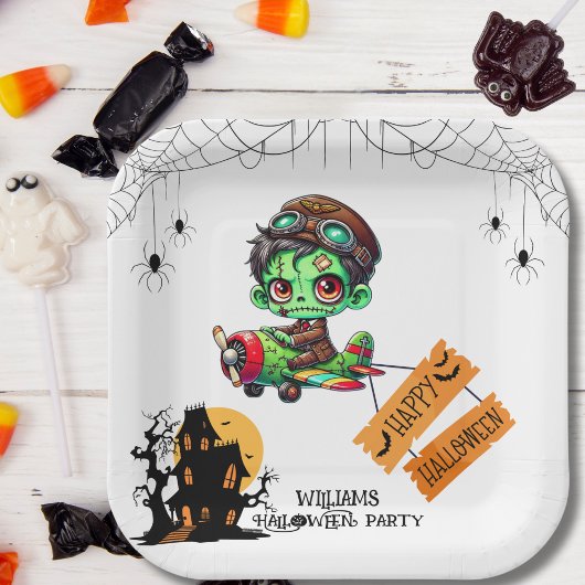 Whimsical Zombie Pilot Vliegtuig Kinder Halloween Papieren Bordje