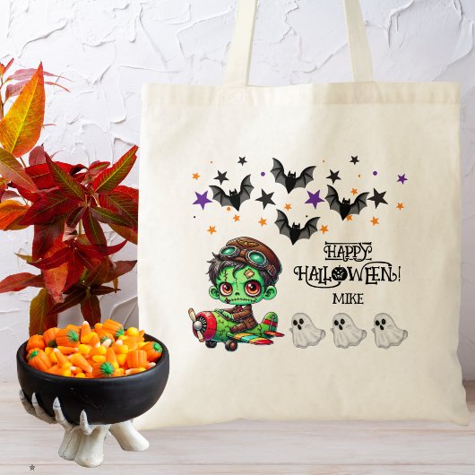 Whimsical Zombie Pilot Vliegtuig Kinder Halloween Tote Bag