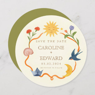 Whimsical Zon- en Maanronde Save-the-Date Kaart