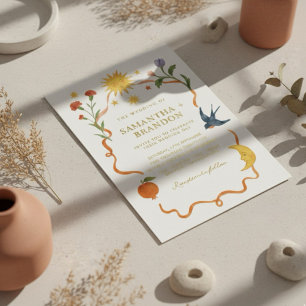 Whimsical Zon & Maan Bloemen Gouden Folie Huwelijk Uitnodiging