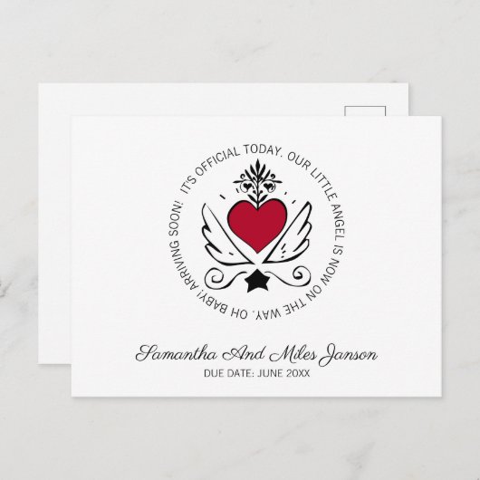 Whimsical Zwangerschap | Rood hart met witte vleug Aankondigingskaart (Voorkant / Achterkant)
