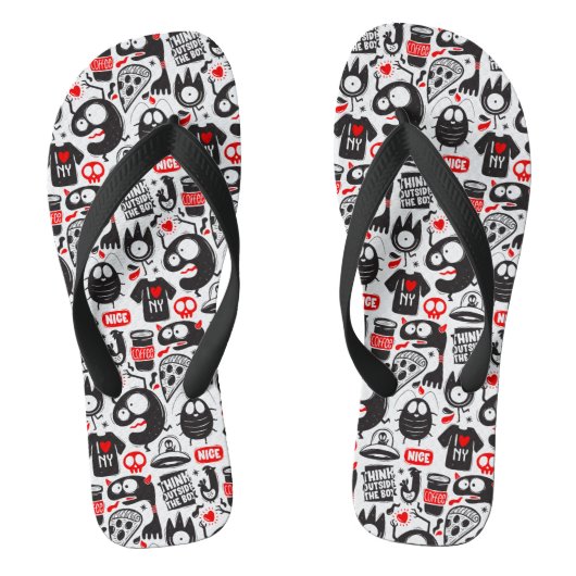 Whimsical Zwart en Rood Monster Doodle Teenslippers (Voetbed)
