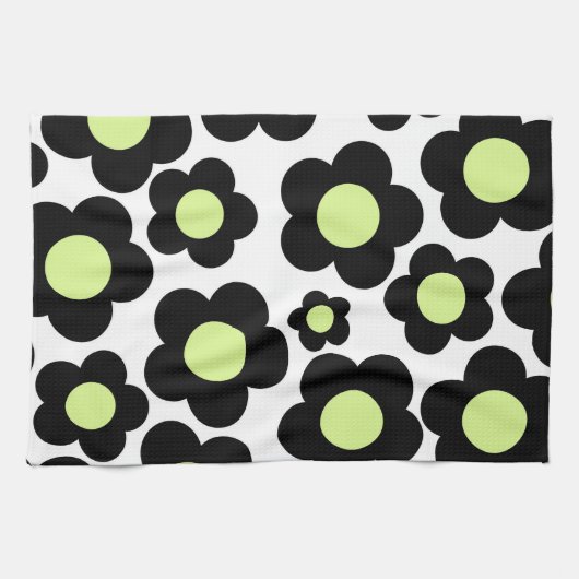Whimsical Zwart & Lime Groen Bloemen Retro Cheerfu Theedoek (Horizontaal)
