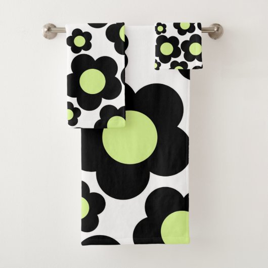 Whimsical Zwart & Lime Groen Bloemen Retro Vrolijk Bad Handdoek (Insitu)