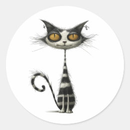 Whimsical Zwart Wit Gestreepte Kat Illustratie Ronde Sticker