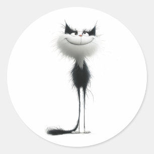 Whimsical Zwart Wit Grinning Cat Illustratie Ronde Sticker