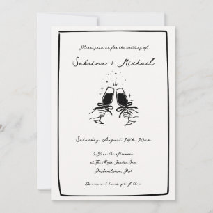 Whimsical zwart-wit Hand getrokken glazen bruiloft Kaart
