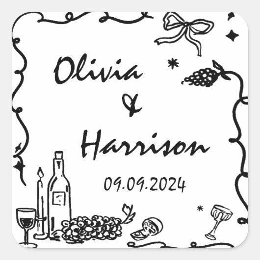 Whimsical Zwarte Hand getrokken bruiloft Vierkante Sticker (Voorkant)