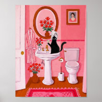 Whimsical Zwarte Kat Badkamer Kunst – Roze Feminin