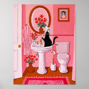 Whimsical Zwarte Kat Badkamer Kunst – Roze Feminin Poster