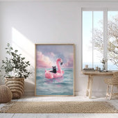 Whimsical Zwarte Kat Strandprint: Flamingo Float Poster