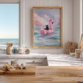 Whimsical Zwarte Kat Strandprint: Flamingo Float Poster