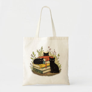 Whimsical Zwarte Katten Gestapelde Boeken Bloemrij Tote Bag