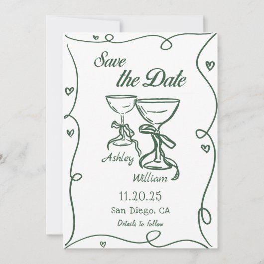 Whimsicale Hand Getekende Trouwkaart Save The Date Kaart (Voorkant)