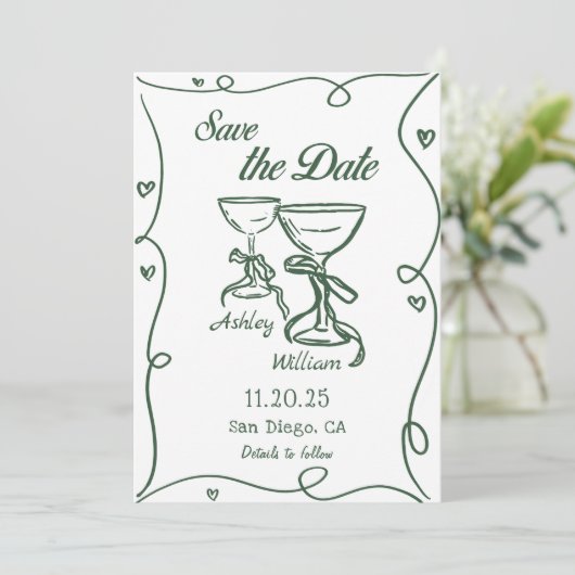 Whimsicale Hand Getekende Trouwkaart Save The Date Kaart (Staand voorkant)