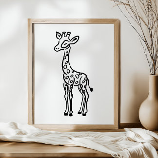 Whimsicale handgetekende lijngiraffe-kunst poster