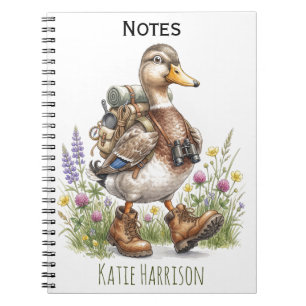 Whimsicale illustratie van een wandelende eend met notitieboek