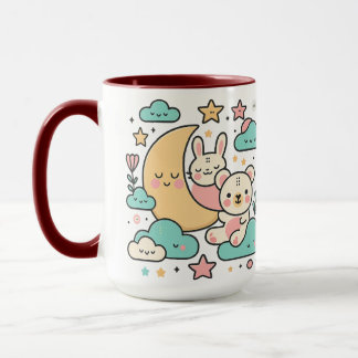 Whimsicale illustratie van konijn en beer onder de mok