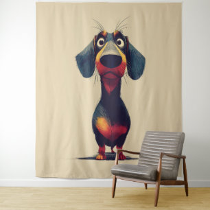 Whimsicale tekening van een dashond karakter wandkleed