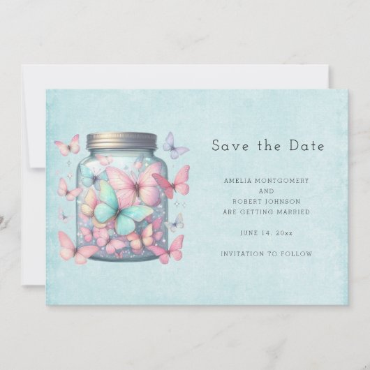 Whimsicale Vlinders in een Pot Save The Date (Voorkant)