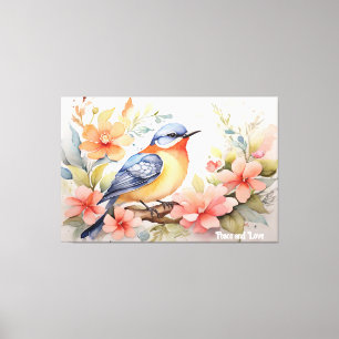 Whimsicale Waterverf Vogel Bloemenkunst Canvas Afdruk