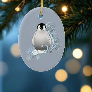 Whimsicale Winter Pinguïn Art Nouveau Sneeuwvlokke Keramisch Ornament