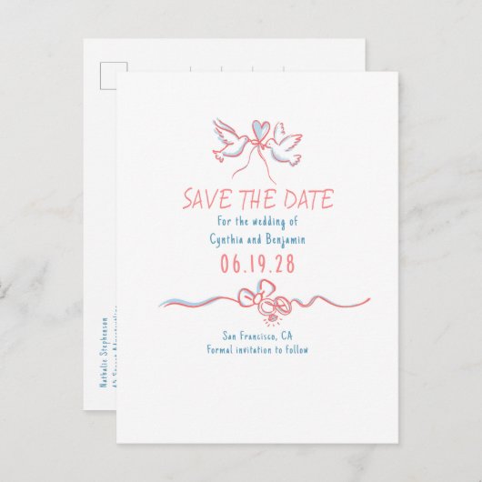 Whimsiek funky handgetekende save the date aankondigingskaart (Voorkant / Achterkant)