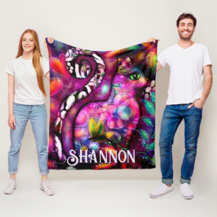 Whimsieke Abstracte Kitty Kat Bloemige Gepersonali Fleece Deken