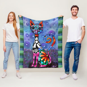 Whimsieke Grote-Ogen Funky Kitty Kat Abstract Fleece Deken