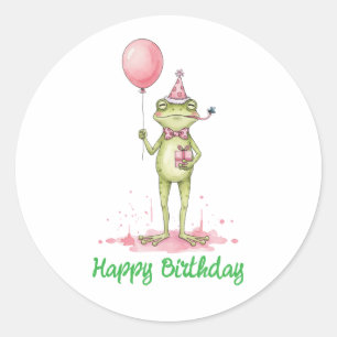 Whimsieke kikker met ballon verjaardagsfeestje ronde sticker