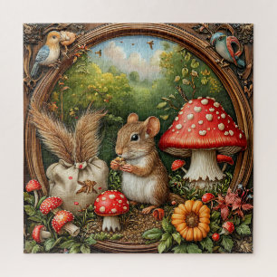 Whimsieke natuur scene met muis, paddenstoelen legpuzzel