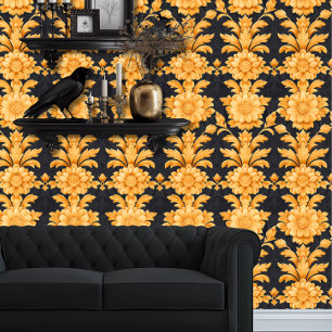 Whimsigoth Gouden Bloemen op Zwart Behang