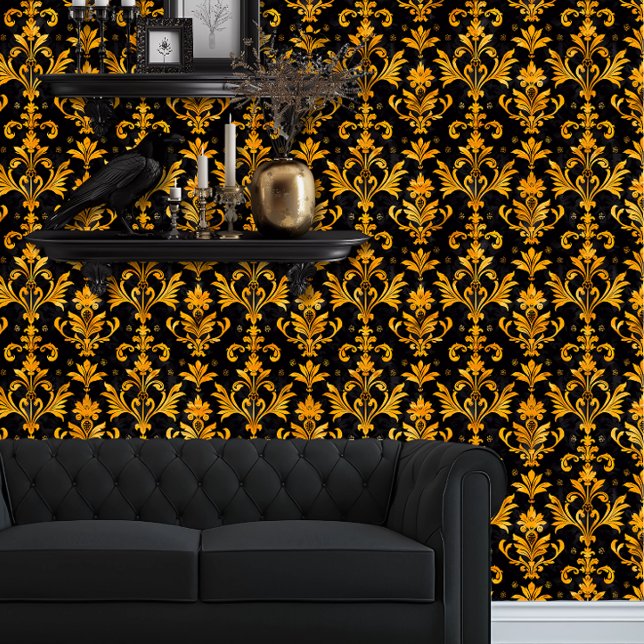 Whimsigoth ingewikkelde gouden harten behang (Whimsigoth Yellow Damask on Black wallpaper behind a black couch.)