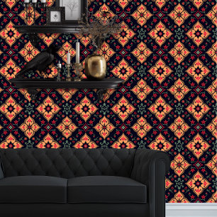 Whimsigoth Sinaasappel en Rode Geometrische Bloeme Behang