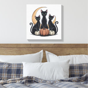 Whimsigothic Zwarte Katten Pompoen Maan Halloween Canvas Afdruk