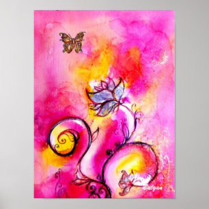 WHIMSIKE BLOEMEN & VLINDERS roze geel blauw Poster