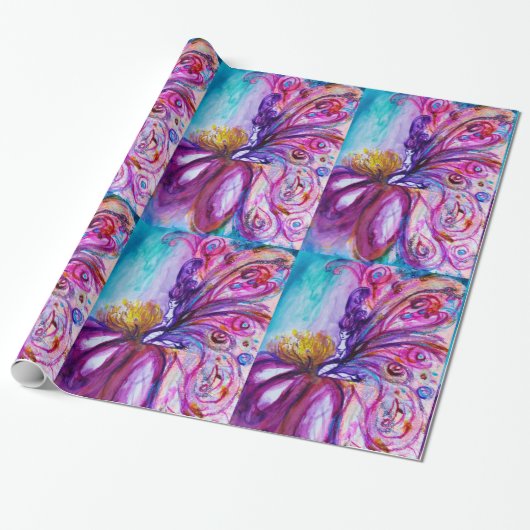 WHIMSIKE CUTE BLOEMENFEE IN ROZE, GOUDEN SPROKKELS CADEAUPAPIER (Uitgerold)