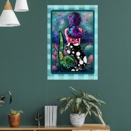 Whimsische Abstract Meermin Nautilus Teal Zeeschel Poster