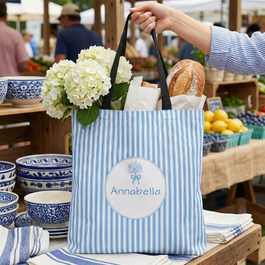 Whimsische blauwe witte streep preppy monogram draagtas