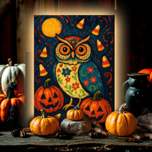 Whimsische Halloween-uil Volkskunst Candy Corn Nac Kaart