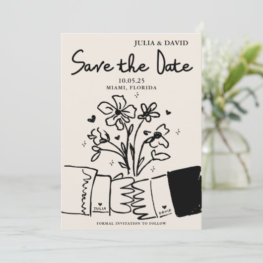 Whimsische handgetekende bloemige trouwkaart Save Save The Date (Staand voorkant)