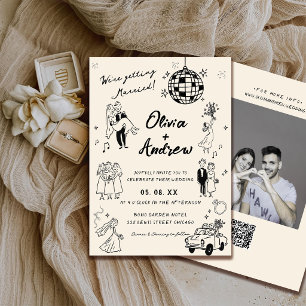 Whimsische handgetekende retro foto funky bruiloft kaart