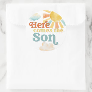 Whimsische Hier Komt de Zoon Baby Shower Ronde Sticker