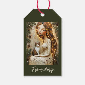 Whimsische Kerstkat Winter Juffrouw Kunstkaart Cadeaulabel