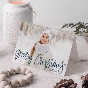 Whimsische Navy Script Prettig Kerst 2 Foto Feestdagen Kaart