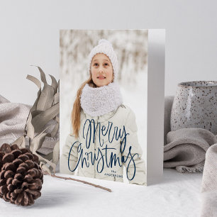 Whimsische Navy Script Prettig Kerstmis Foto Feestdagen Kaart