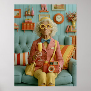 Whimsische Retro Oma met Camera Poster