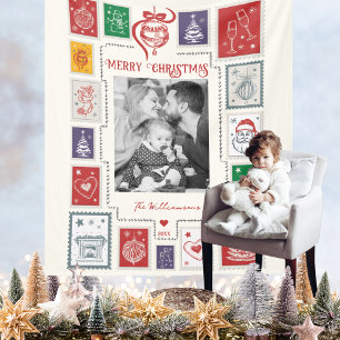 Whimsische Retro Postzegel Kerst Illustratie Foto Fleece Deken
